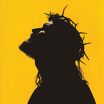 High-contrast illustration of Jesus against a vibrant yellow background. The image emphasizes his features with striking clarity, creating a powerful and luminous visual impact.