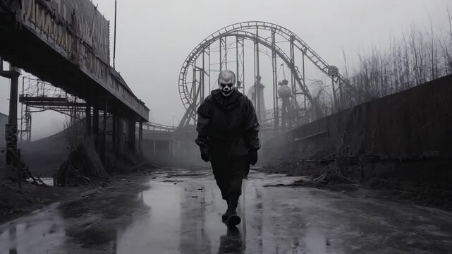 Creepy clown walking through an abandoned amusement park with a sinister expression, surrounded by fog and eerie atmosphere, perfect for creating chilling Halloween or horror-themed content