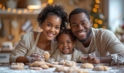 A family baking cookies together in a cozy kitchen