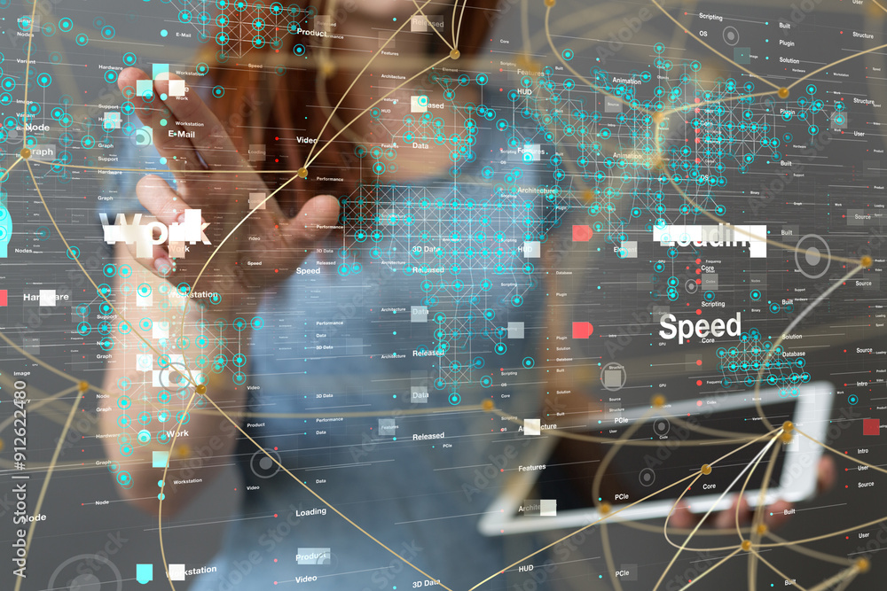 Poster neural network 3d illustration. big data and cybersecurity