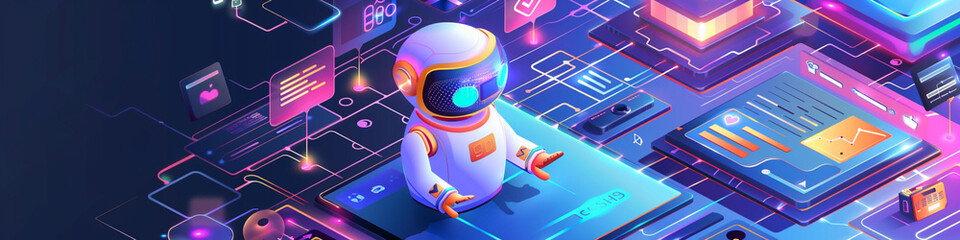 Fototapeta premium AI chatbot providing technical support, advanced customer service technology, efficient problem-solving, banner with copy space