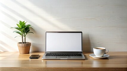 Fototapeta premium Minimalist workspace with sleek laptop and cup of coffee, minimalist, workspace, sleek, laptop, cup, coffee, technology