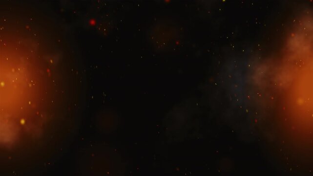 Flying fire sparks on a black background, create abstract glowing particles and smoke. Animation of fiery orange glowing ember particles