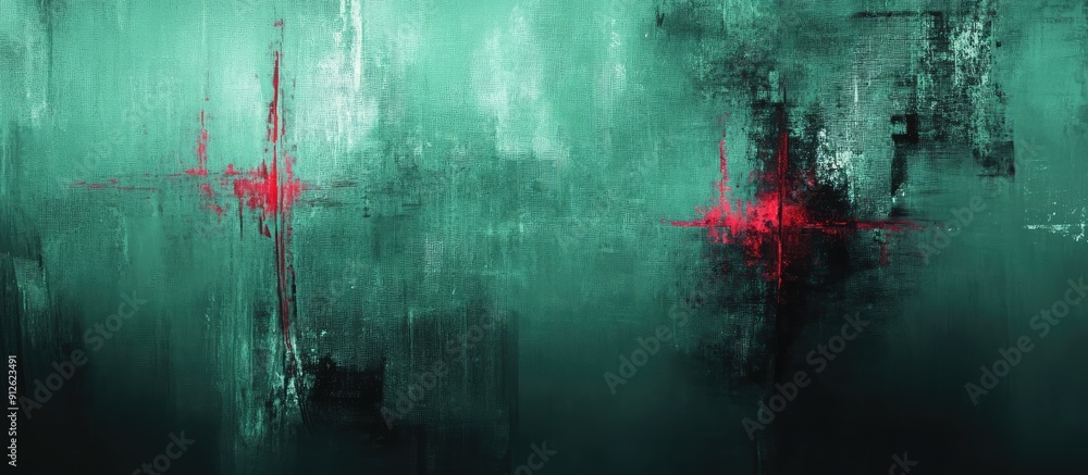 Poster Light green texture with red light leak overlays and repetitive line patterns