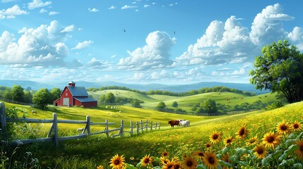 A wallpaper of a serene farm landscape with cows and chickens peacefully coexisting in the fields 