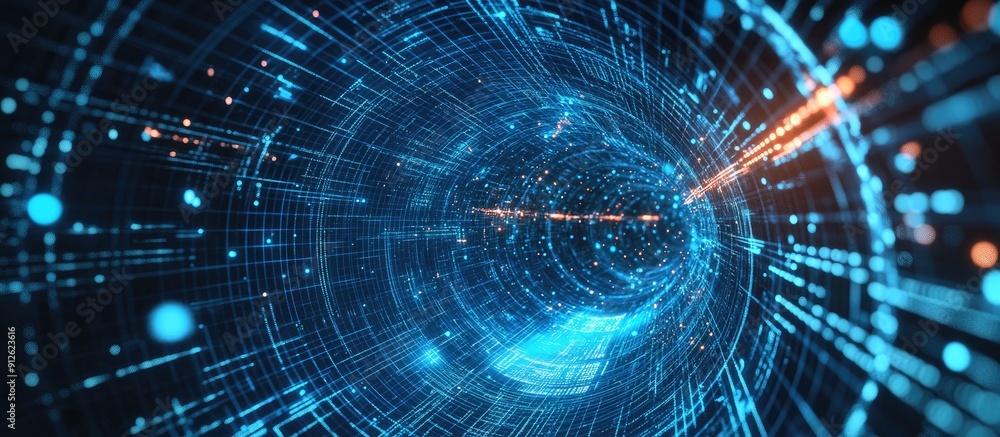 Poster futuristic cyber speed tunnel with sci fi elements abstract blue wormhole design featuring matrix st