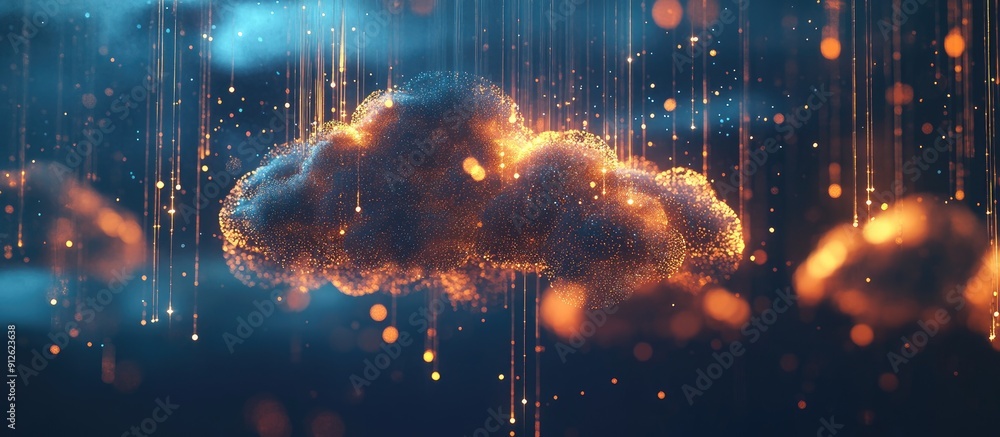 Aufkleber stylized cloud featuring hanging elements and sparkling dots against a dark blue backdrop representi