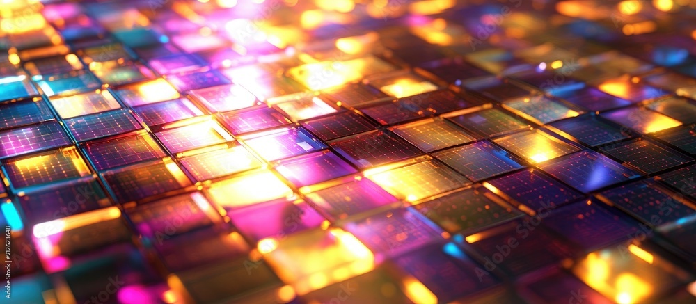 Poster vibrant gold mosaic background featuring abstract multicolored led squares bright pixel grid design 
