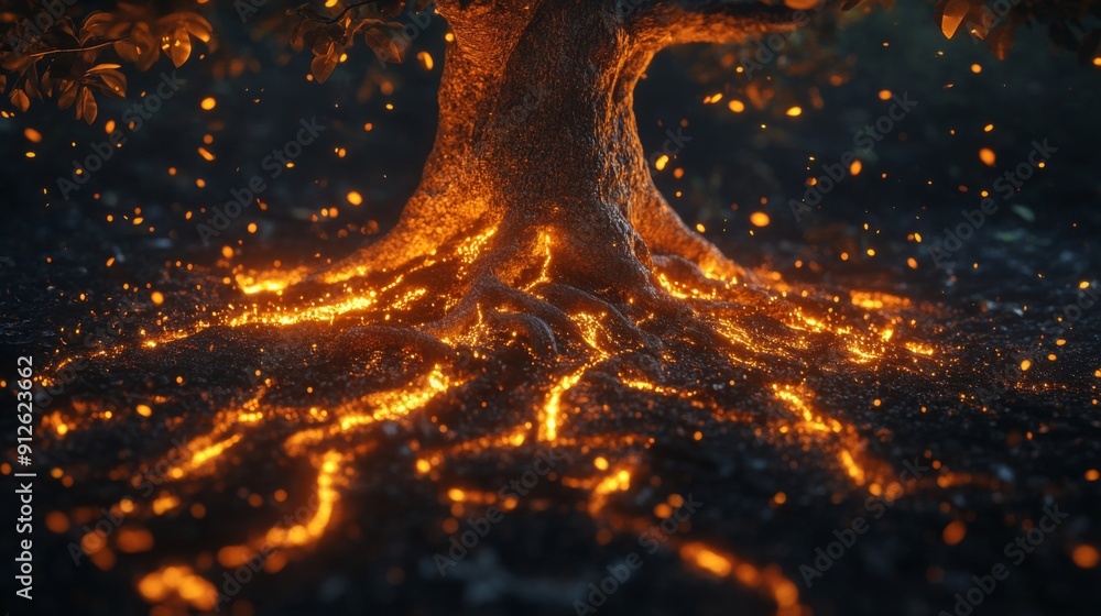 Poster abstract 3d tree with glowing leaves and roots, creating a magical and enchanting look