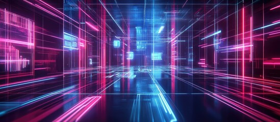 Futuristic Neon Light Background with Reflective Floor Abstract Virtual Reality and Internet Data Network Connection 3D Rendered Scene