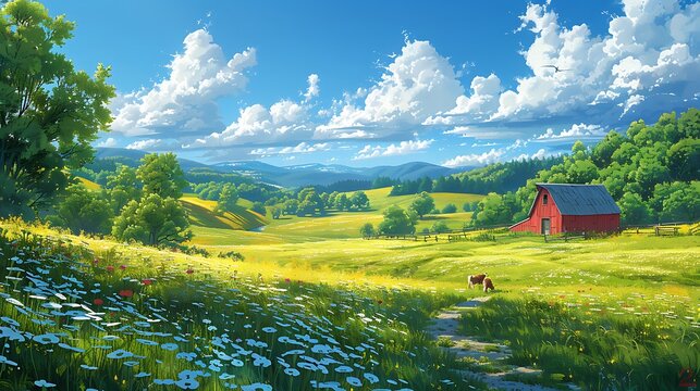 A wallpaper of a serene farm landscape with cows and chickens peacefully coexisting in the fields 