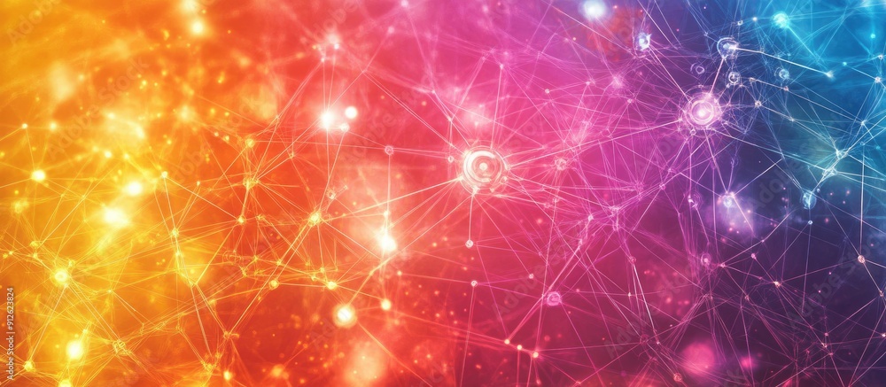 Poster illustration of interconnected networks against a vibrant background representing global digital com