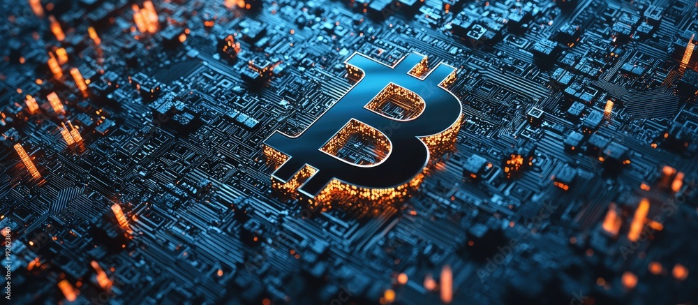 Poster digital bitcoin symbol against a dark blue technological background symbolizing cryptocurrency conce
