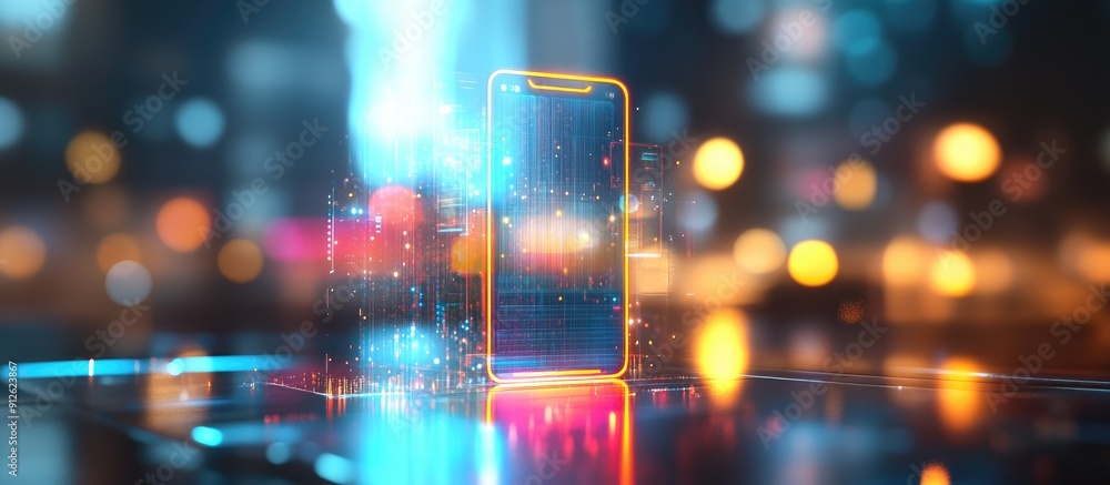 Poster illuminated esim hologram on a blurred backdrop with mockup space concept of embedded sim and mobile