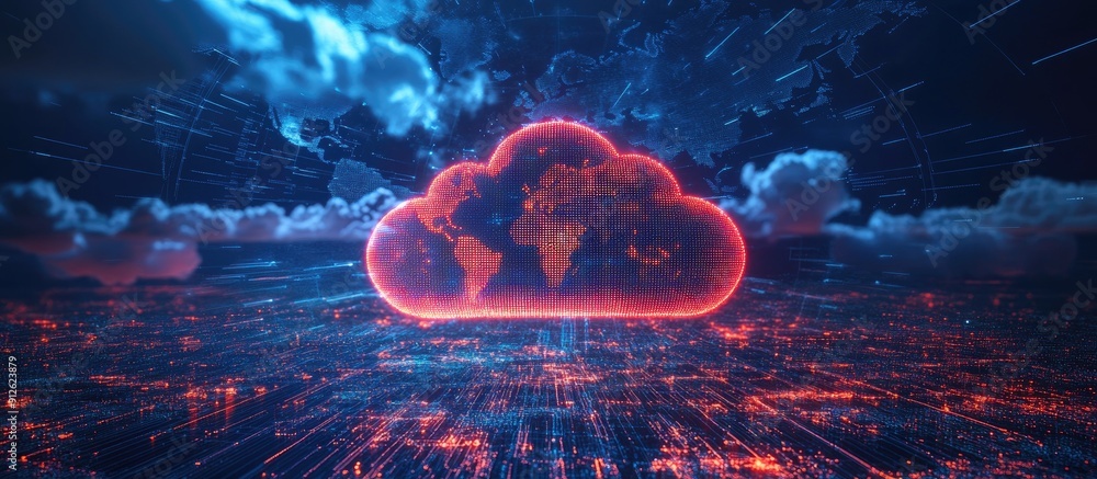 Poster digital illustration of cloud computing network over urban landscape with global map background 3d r