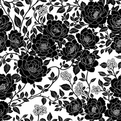 Seamless Floral Pattern featuring Black Silhouettes of Rose Flowers and Leaves with Outlines on a White background. Wallpaper Design for Textiles, Papers, Prints, Beauty Products.