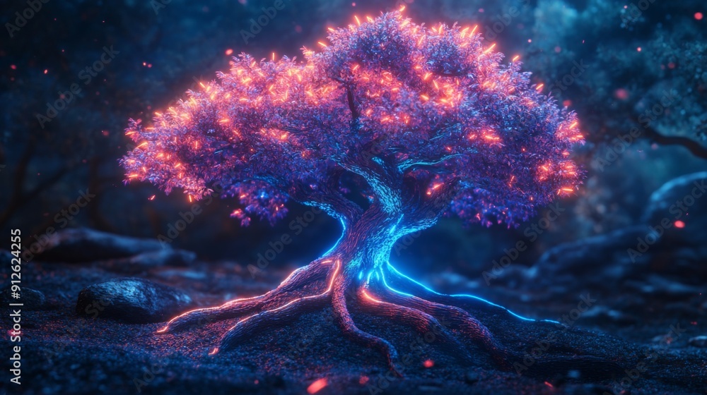 Poster abstract 3d tree with neon leaves and roots, creating a futuristic and magical atmosphere.