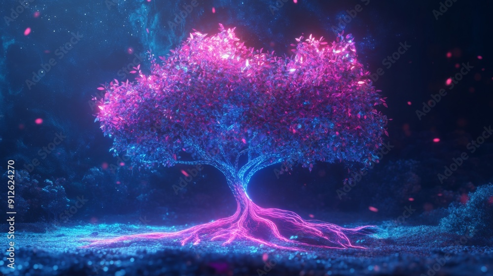 Poster abstract 3d tree with neon leaves and roots, creating a futuristic and magical atmosphere.
