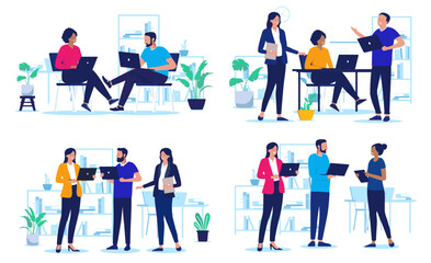 Office people working on computers collection - Set of illustrations with businesspeople using laptop PC, talking,  doing work, smiling and having conversation together in groups. Flat design vector