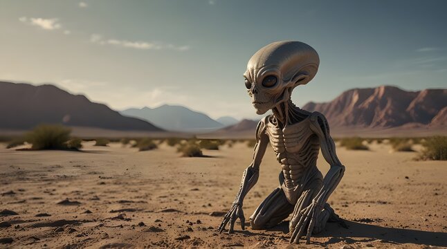 A highly detailed alien creature stands in a desert landscape evoking a sense.generative.ai