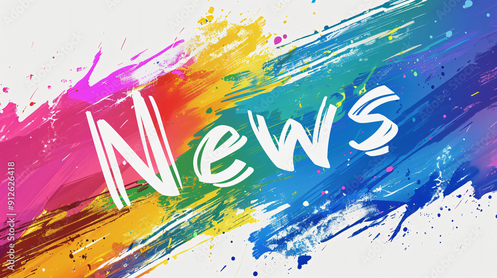 Poster headline: diagonal rainbow paint splatter background with white news text