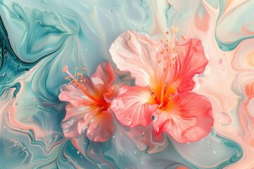 Pink Hibiscus Flowers on Abstract Blue Swirls Background