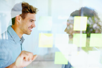 Office, meeting and glass wall for discussion, planning and erp sticky notes with smile for report....