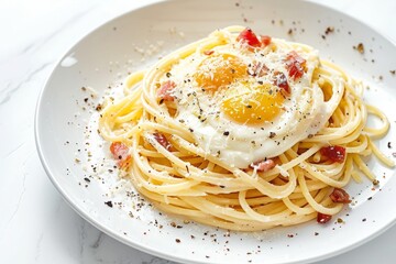 Classic homemade carbonara pasta with pancetta, hard parmesan cheese, and cream sauce. Italian cuisine. Spaghetti alla carbonara on a white plate, white background