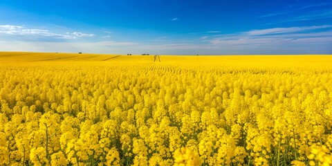 Fototapeta premium Field of colza rapeseed yellow flowers under blue sky representing Ukrainian flag colors in an agriculture