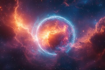 Obraz premium otherworldly plasma sphere suspended in deep space swirling tendrils of magenta and electric blue energy emanate from fiery orange core distant stars and nebulae provide subtle cosmic backdrop