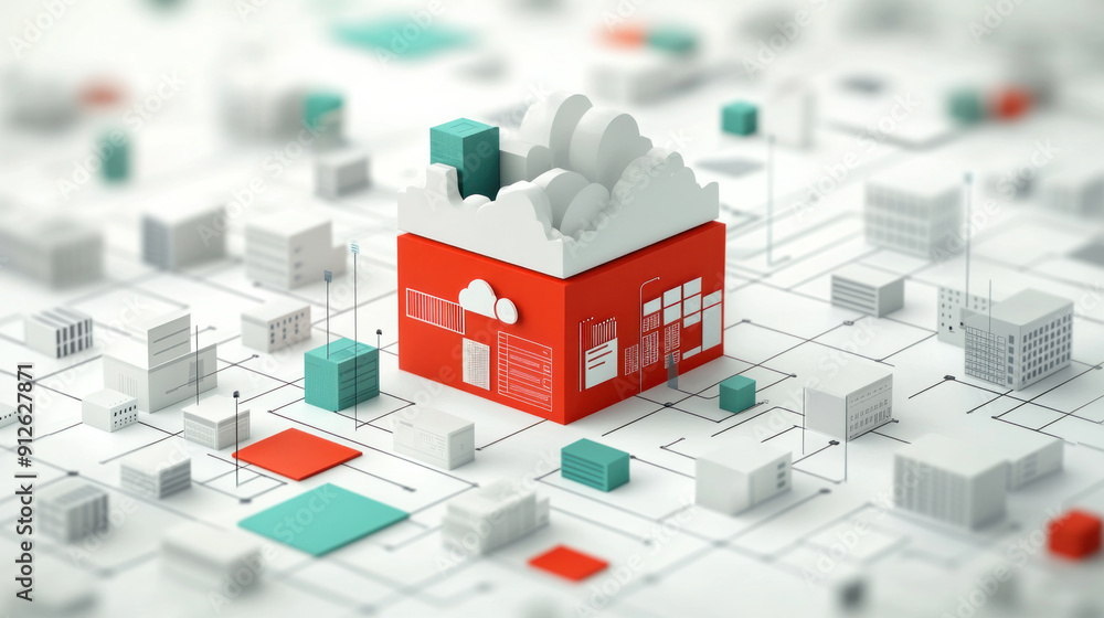 Poster a cityscape with a red box in the middle. the box is labeled with the word 