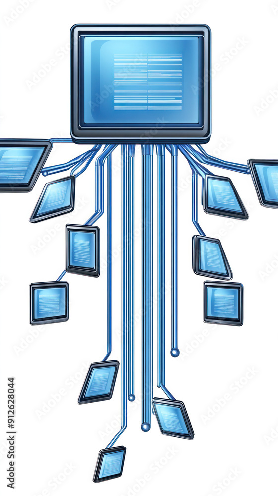 Poster A computer monitor with many screens and wires hanging from it. Concept of complexity and interconnectedness, as if the various screens are all part of a larger system. The blue color of the monitor