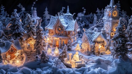 Fototapeta premium An enchanted winter village where snowflakes sing melodies and ice sculptures dance to the music