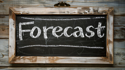 Weathered fence displays a vintage-style chalkboard with the word forecast written on it