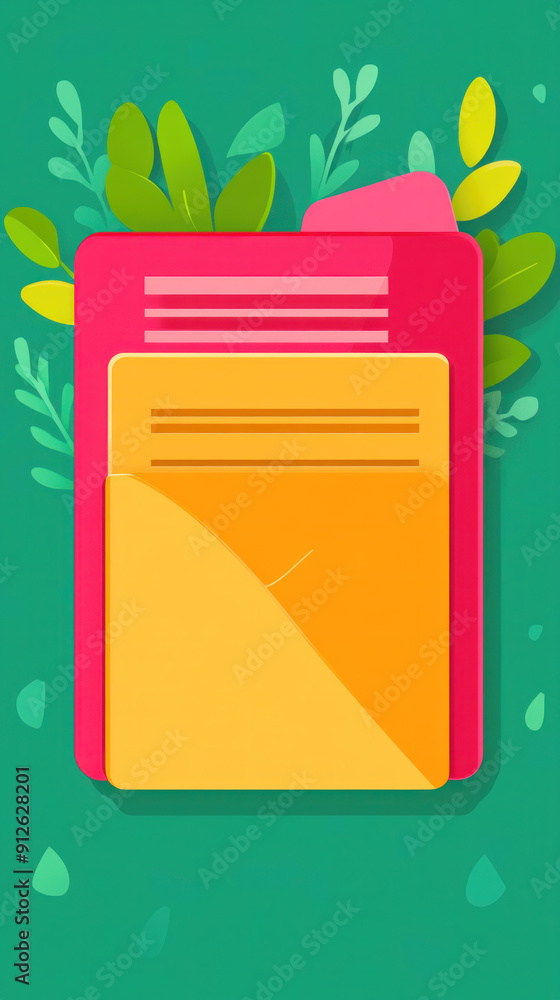 Poster a book with a yellow and orange cover with a green background. the book is open to a page with a clo