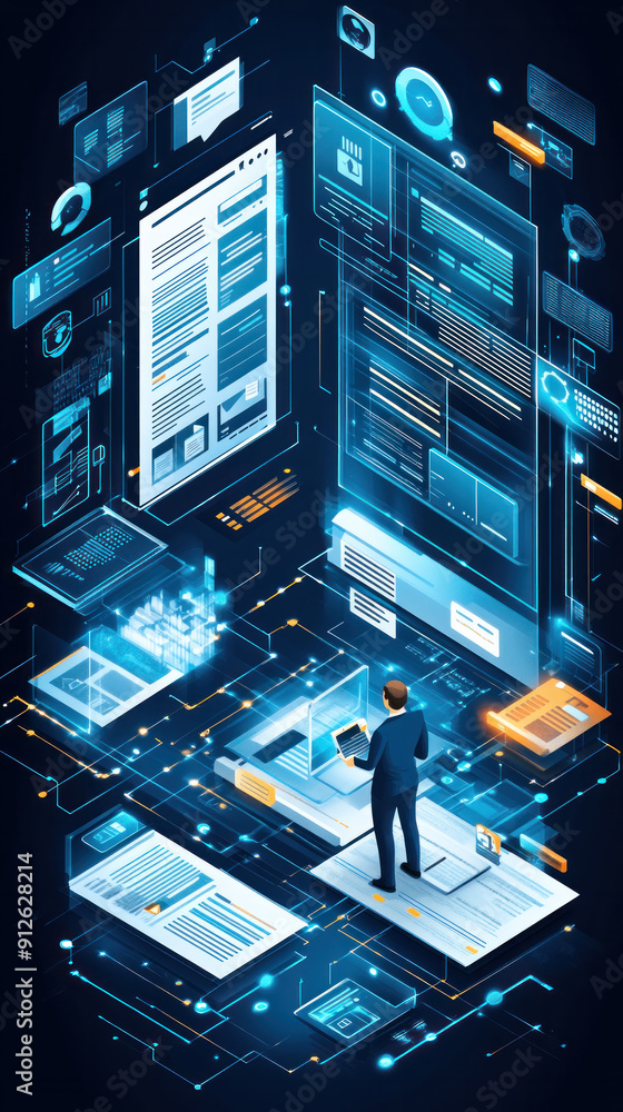 Poster a man is standing in front of a computer screen with a lot of text on it. the text is in different c