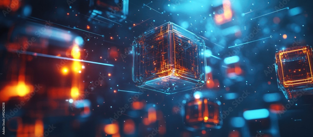 Poster futuristic 3d cube technology with glowing hud elements abstract hi tech design with bright energy e