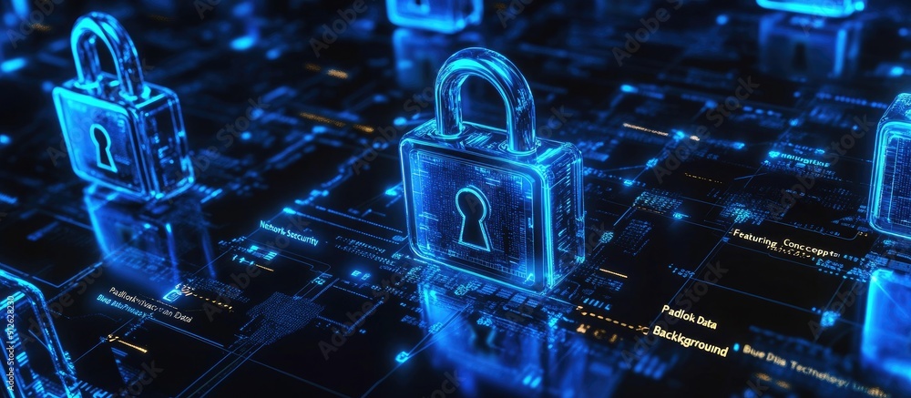Poster network security concept featuring padlock and data privacy on a blue digital technology background