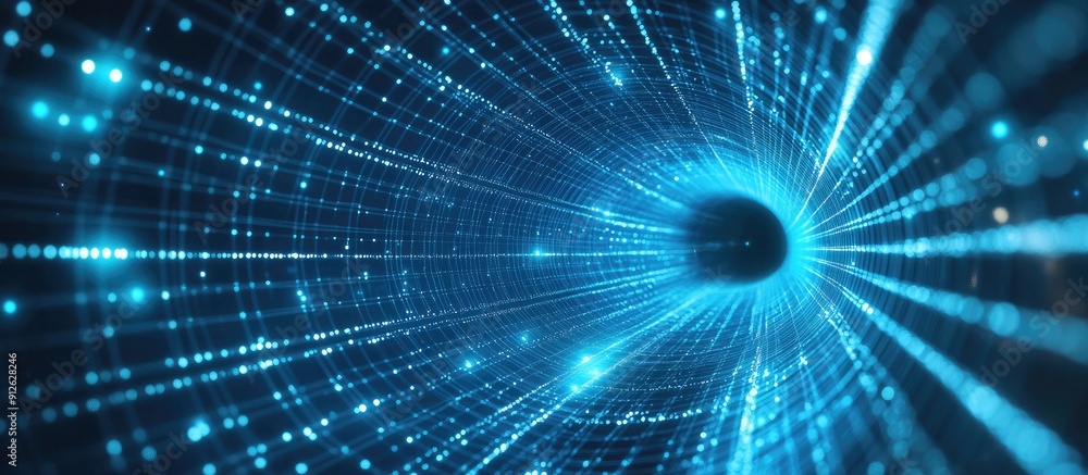 Poster futuristic cyber speed tunnel with sci fi elements abstract blue wormhole design featuring matrix st