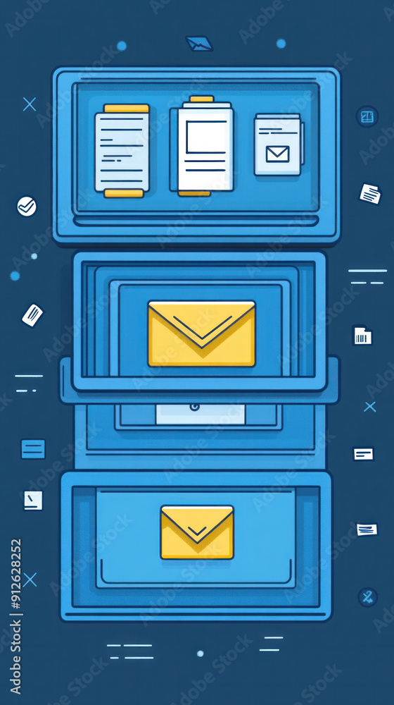Poster a blue and yellow stack of envelopes with a blue background. the envelopes are yellow and are stacke