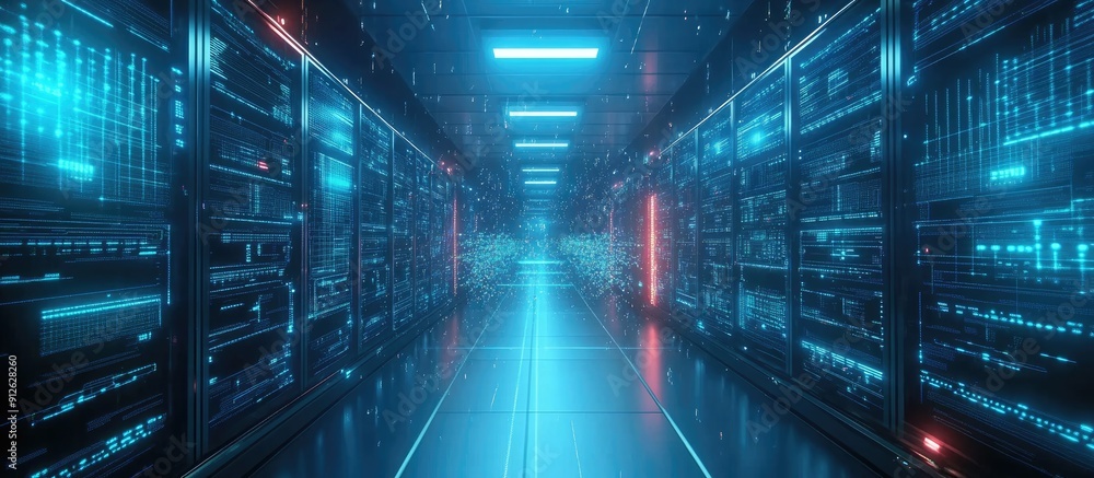 Poster high tech space data center with astronaut s mission 3d cg animation featuring advanced technology