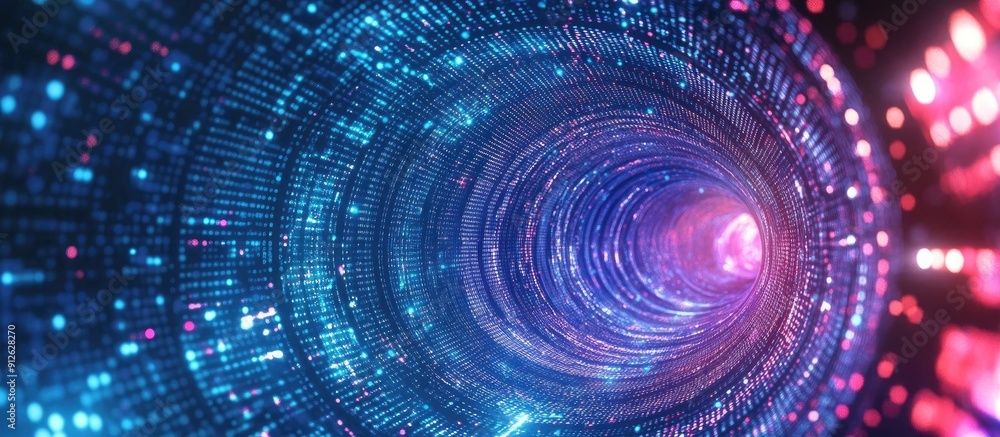 Poster journey through an abstract circular digital tunnel of dotted technology