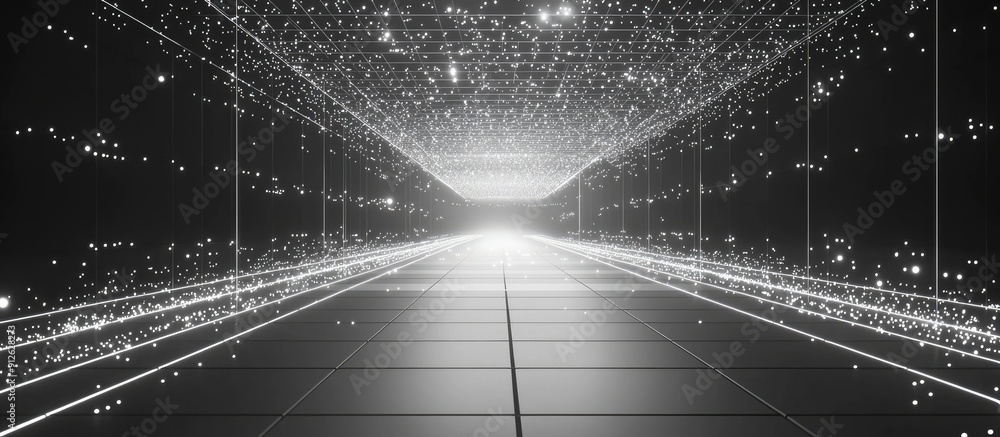 Poster futuristic grid design with white particles on a sleek gray background representing advanced busines