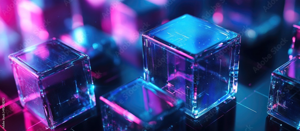 Poster transparent blue and purple cube like glass structures symbolize modernity and technological progres