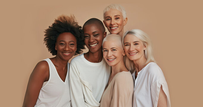 Beautiful women are happy. An open look. Cancer Control, Awareness, Prevention. women of different nationalities and races. World Cancer Day. Beige background. Copy space