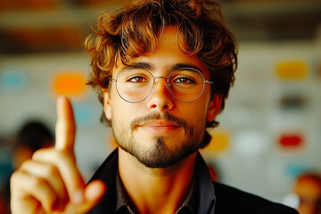 Obraz premium Businessman pointing upwards with confident little smile. focus on finger
