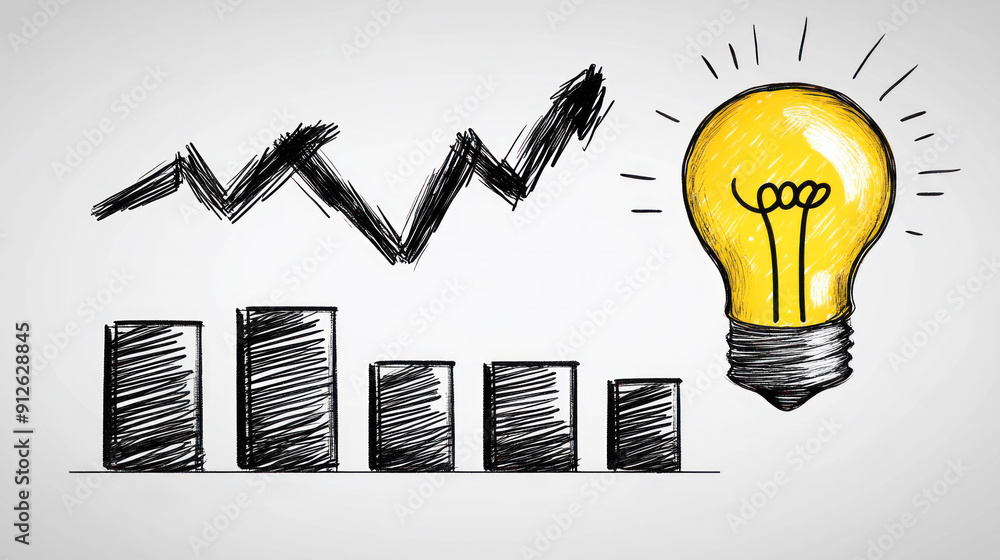 Poster a drawing of a light bulb with a graph of numbers below it. the graph shows a downward trend, while 