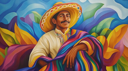Portrait of mexican man in colorful national clothes in vibrant landscape. Hispanic Heritage Month celebrate