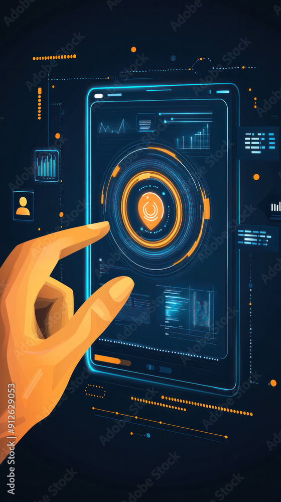 Poster a hand is pointing at a screen with a circle on it. the circle is surrounded by a lot of other circl