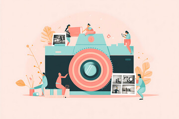Obraz premium Huge camera and tiny people taking pictures. Photographer with camera, photos of landscapes flat vector illustration. Photography, occupation concept for banner, website design or landing web page